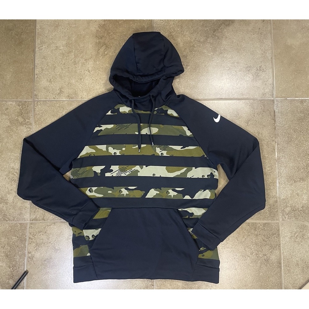 Nike Dri-FIT Hoodie Mens Sz L Black Camo Pullover Military Pocket CD7723-010